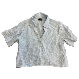 Quince Linen Striped Short Sleeve Top Blue White Size XS V-Neck